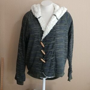 Hurley Green Striped Faux Fur Lined Hooded Jacket Size M